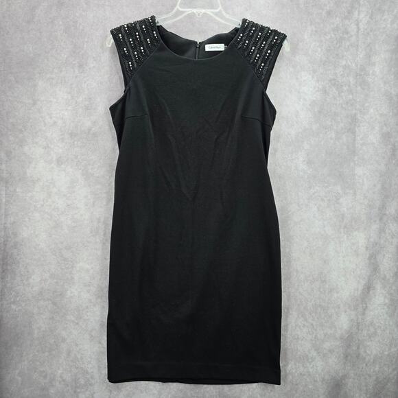 Calvin Klein Black Silver Beaded Knee Length Stretchy Dress Large 12 - Picture 1 of 8
